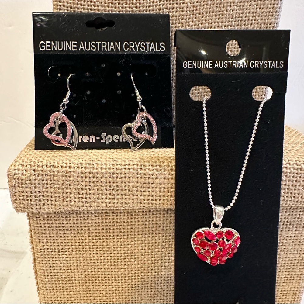 NWT Lauren Spencer Necklace & Earrings Set- genuine Austrian Crystals- hearts